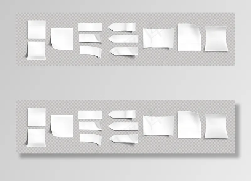 不同形状的白色贴纸，有阴影和折边，标签，备忘录模型样机的便签，隔离在透明的背景上。纸胶带，空白现实三维向量集