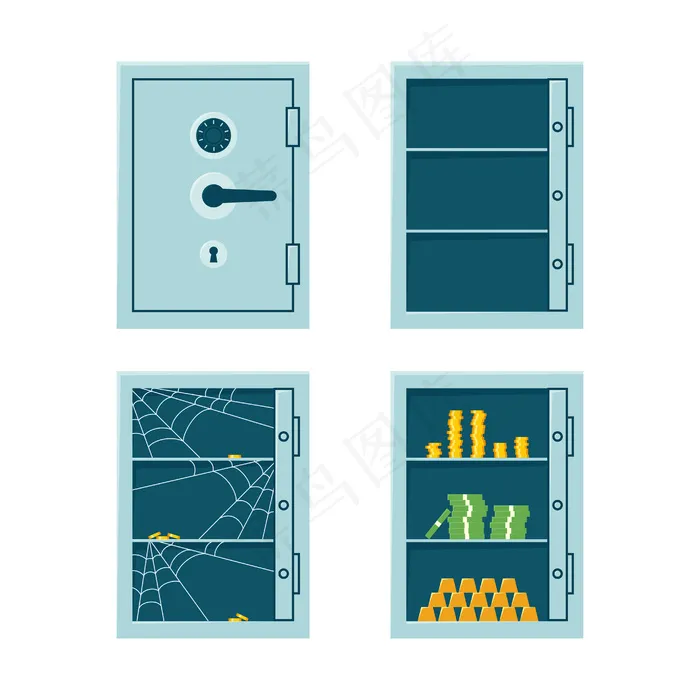 封闭式银行保险箱、空保险箱和装有货币和金条的柜子。带组合锁的保险箱