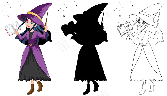 巫婆在颜色和轮廓和剪影卡通人物孤立在白色背景epsai矢量模版下载