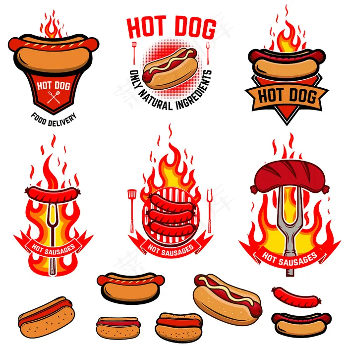 一套热狗，炸香肠徽章。街头食品配送。用于标识、标签、徽章、标志、海报、宣传单,DM传单、菜单、横幅banner的元素。插图
