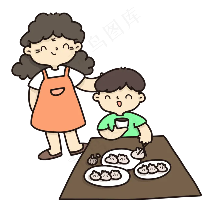 简笔画立冬吃饺子的小男孩和妈妈