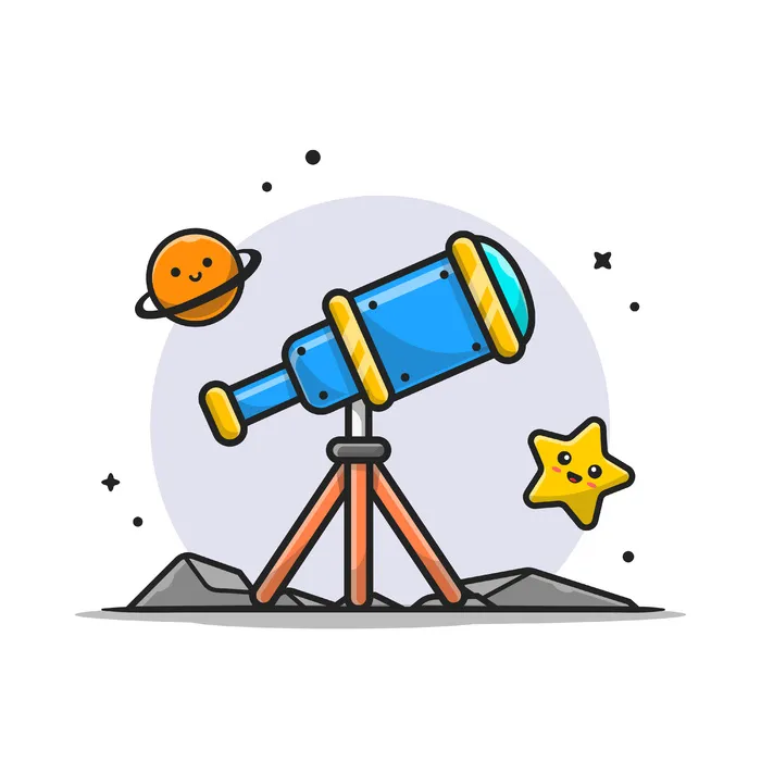 望远镜天文学观察可爱的星球和可爱的星星卡通图标插图。