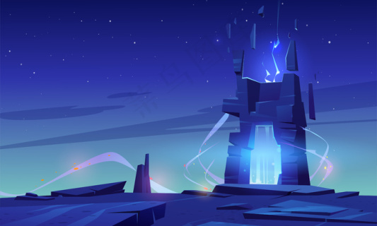 在山顶或外星表面的魔法门,在星空下岩石发光入口的未来景观背景.