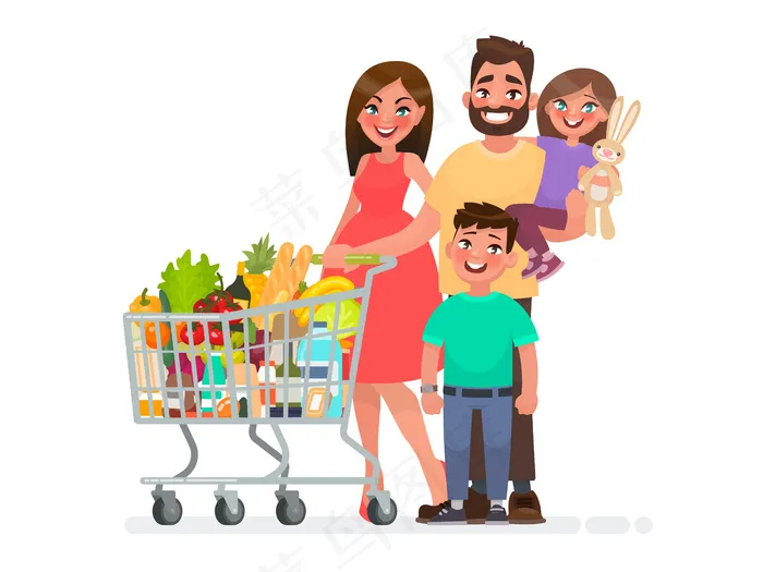 一个幸福的家庭正拿着装满商品的购物车在超市购物。