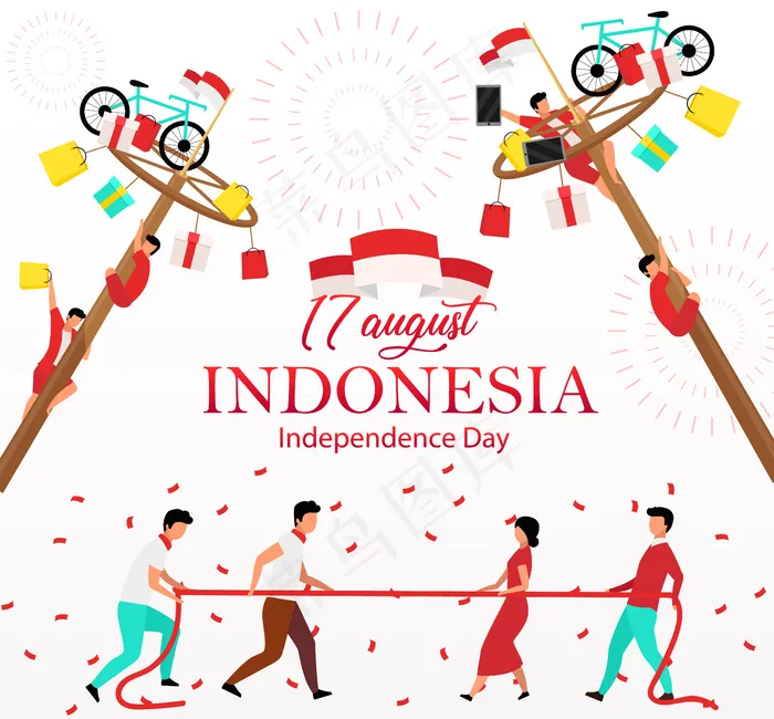 印尼独立日社交媒体邮报。举国欢庆。广告网页横幅banner模板。社交媒体助推器，内容布局。宣传海报、平面广告、插图