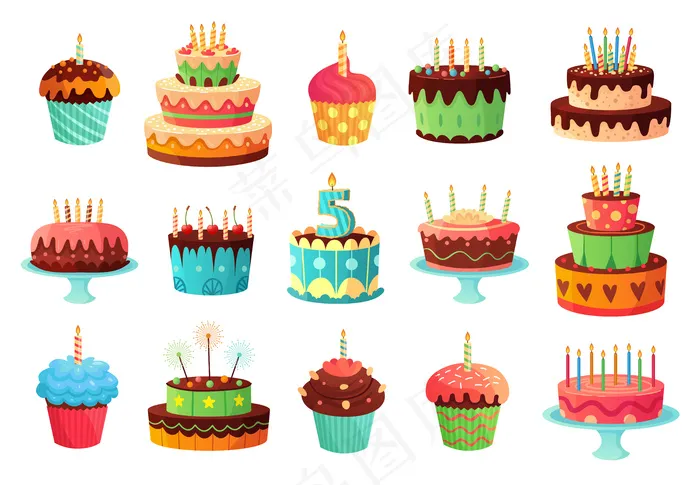 卡通生日派对蛋糕。甜烤蛋糕、五颜六色纸杯蛋糕和庆典蛋糕插图套装