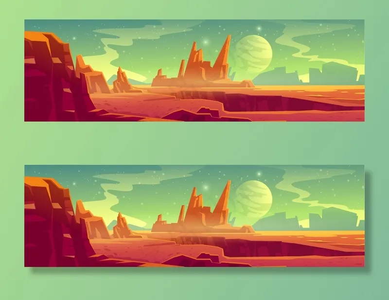 外星行星景观为太空游戏背景。卡通幻想宇宙和火星表面与红色沙漠和岩石，卫星和星星在天空中的插图