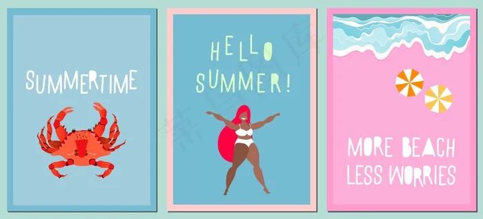 一套现代夏日贺卡。各种手绘卡片、海报。关于夏天的现代手写语录。度假和旅游概念。海边的波浪，红色的螃蟹和快乐的女孩。