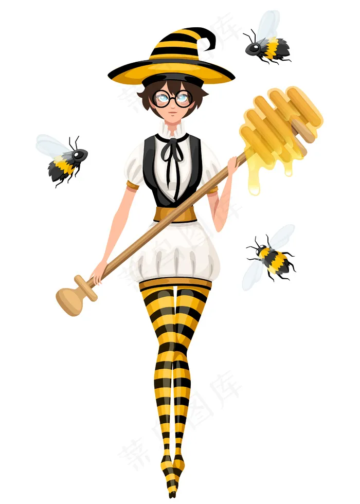 可爱的棕色头发蜂蜜女巫和蜜蜂一起飞翔。母的拿着蜂蜜勺，魔杖。条纹蜜蜂式服装。白底插图