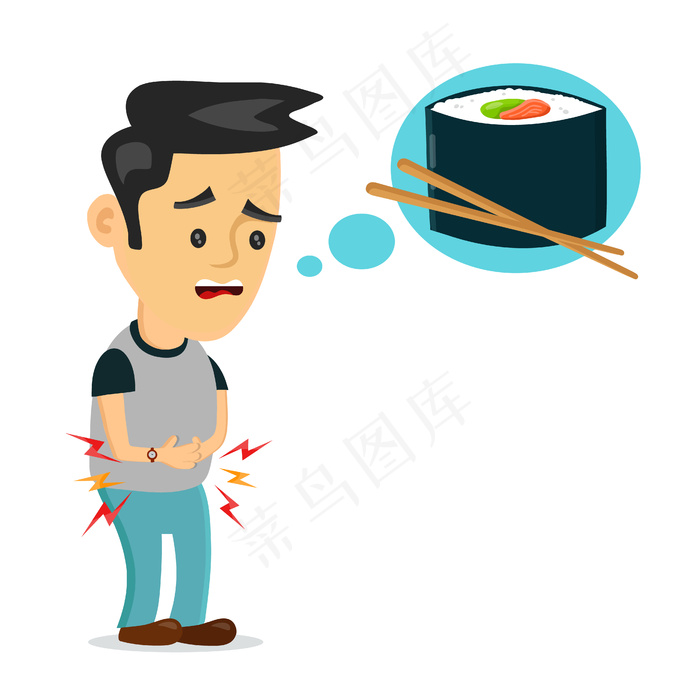 受苦的年轻人很饿想想食物快餐寿司卷平面卡通插画设计孤立在白色的