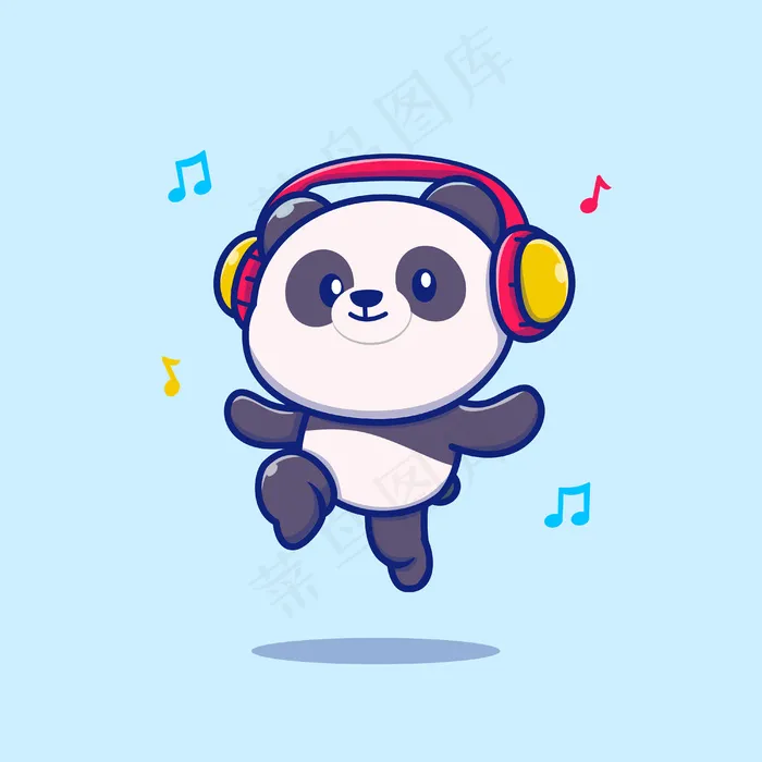 可爱的熊猫戴着耳机听音乐