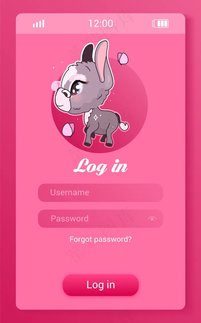 驴子儿童手机app移动应用程序app屏幕卡通卡瓦伊字符。登录，创建帐户智能手机少女游戏，社交媒体应用。用户配置文件注册与动物粉红色的网页
