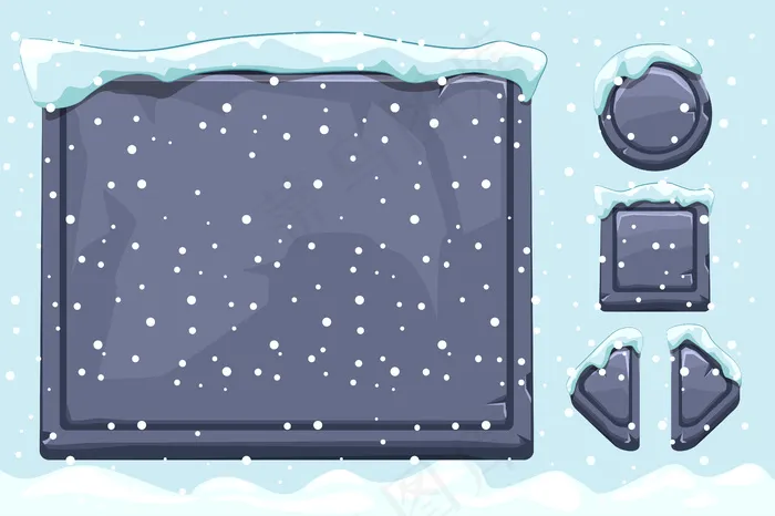 冰雪覆盖的石头资产和ui游戏按钮。冬季游戏ui石头按钮与雪。孤立物体和雪