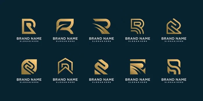 一套letter r标志集合，带有黄金概念，用于咨询、首字母签名、财务公司
