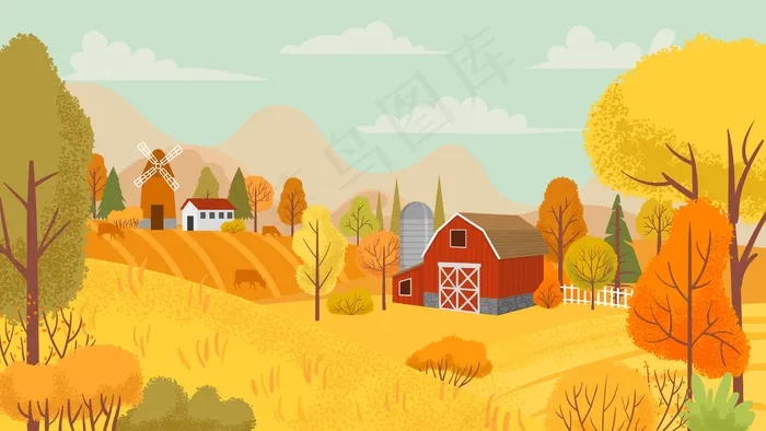 秋季农耕景观。乡村农场，黄树和农舍领域卡通背景插图