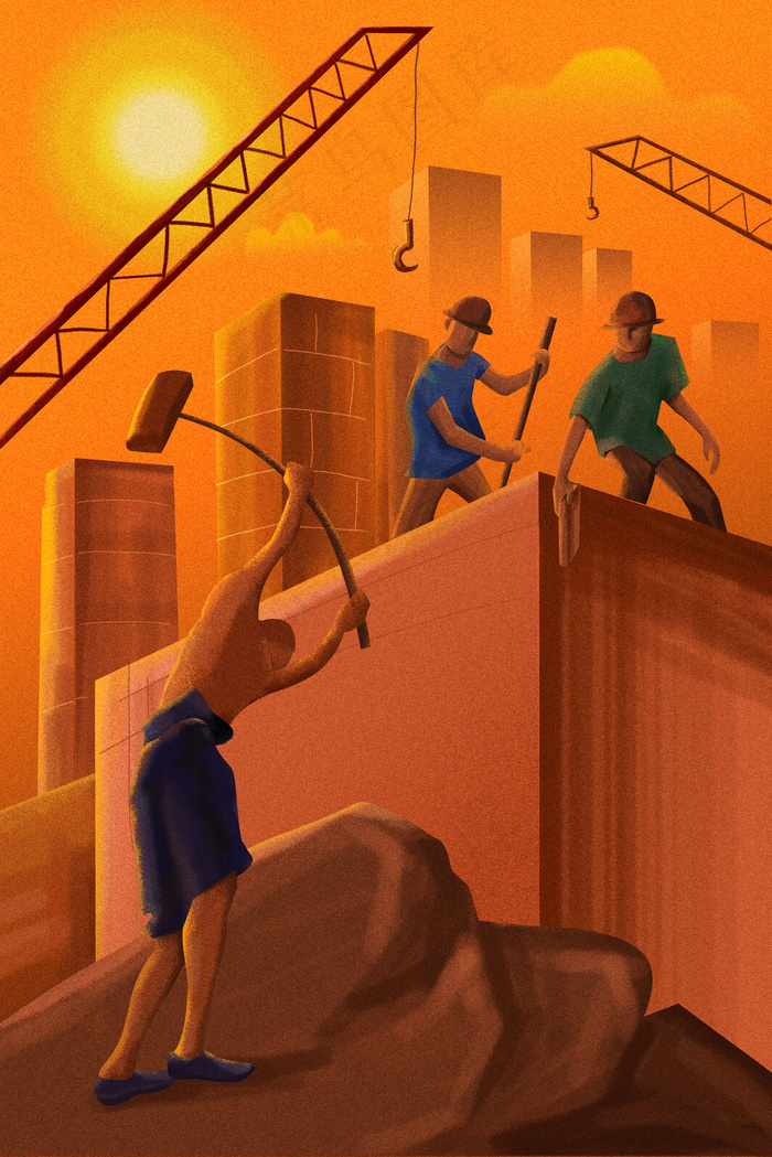 五一劳动节建筑工地工人插画3545x5315dpi300psd模版下载