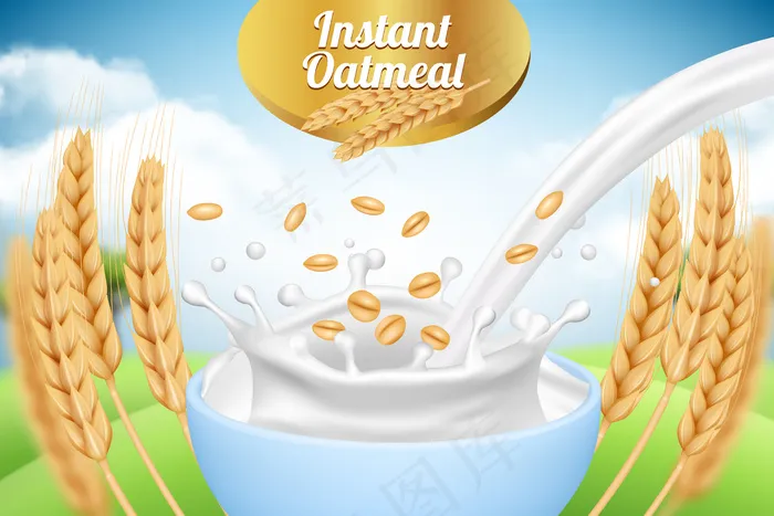 燕麦粥广告牌模板与牛奶和小麦健康有机食品农产品包装背景模板逼真