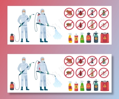 卡通消毒器.消毒员穿着带毒药喷雾瓶的防护服.插图集.