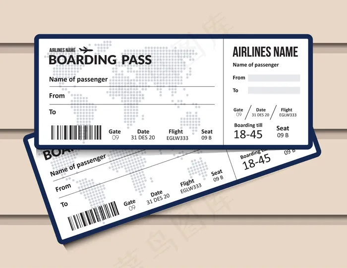 机票。航空公司登机牌模板。机场和飞机通行证文件。