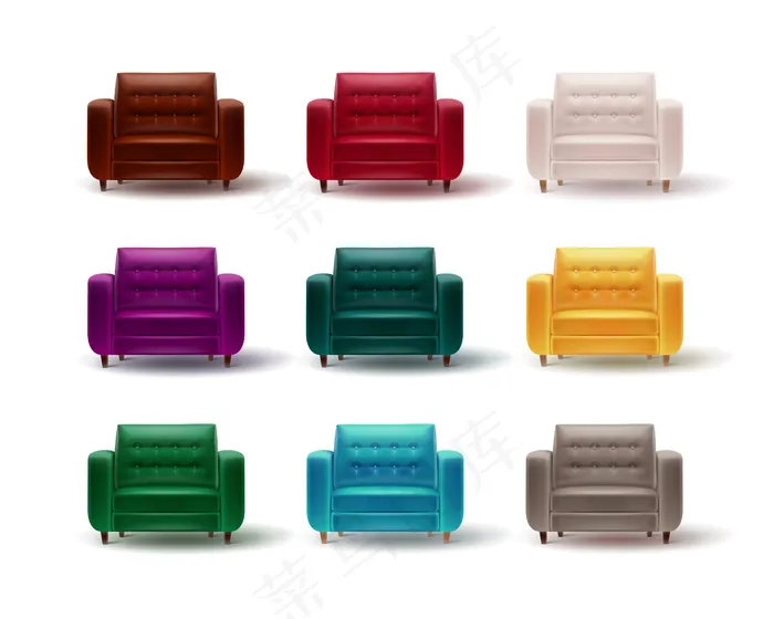 向量集红色，棕色，白色，紫色，绿色，灰色，黄色，绿松石色扶手椅为家庭或办公室内部隔离在白色上