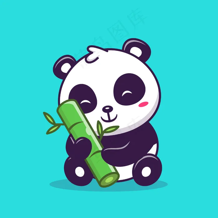 可爱的熊猫坐着拿着竹子图标插图。动物爱图标概念。