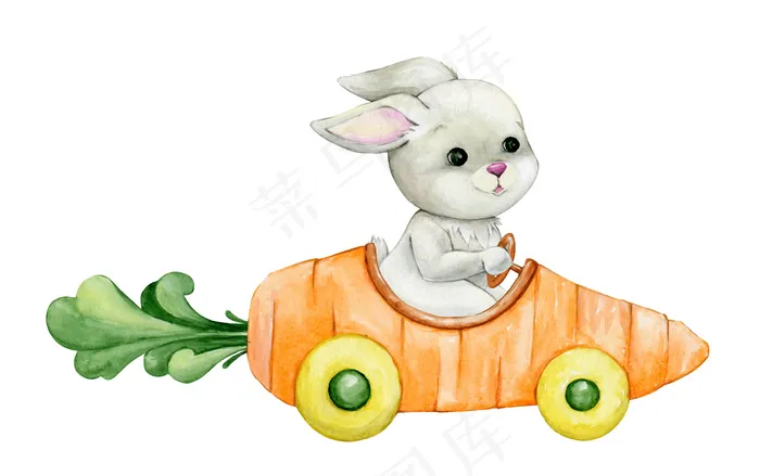 可爱的兔子，坐在车里。以卡通风格在孤立背景上的水彩画概念。