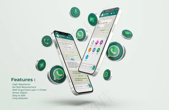 Whatsapp的银色手机模型样机