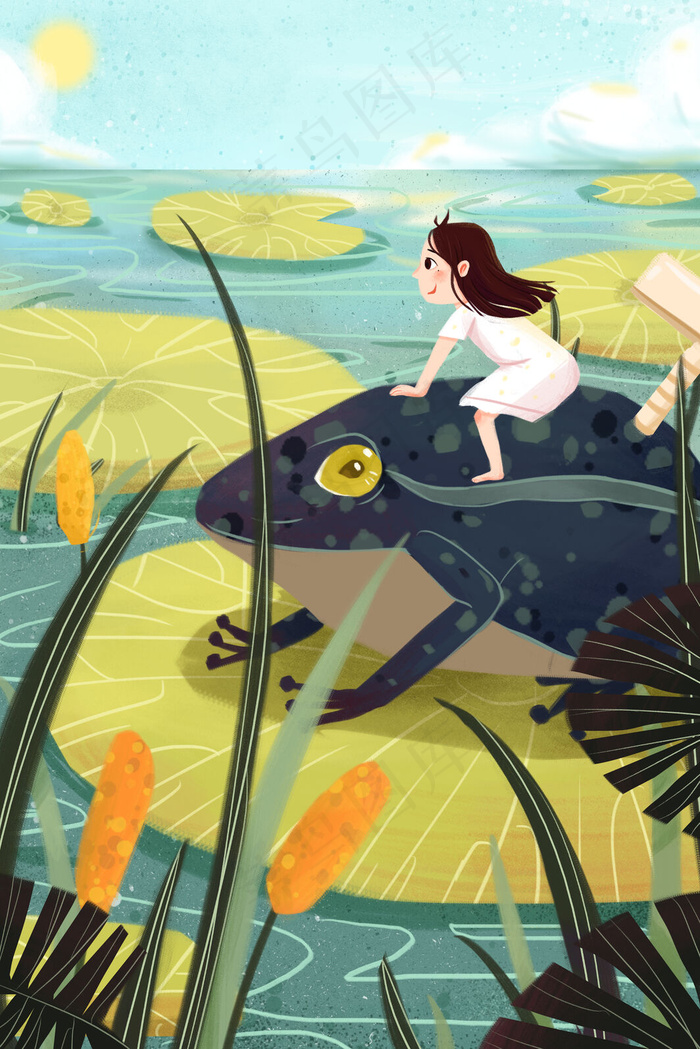 夏天立夏夏日初夏夏至大暑少女池塘青蛙插画35455315px3