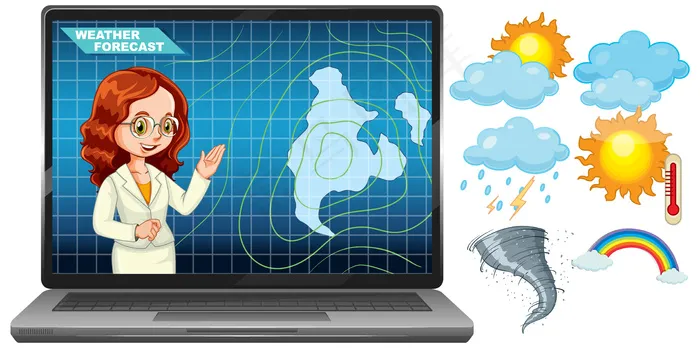 主播用天气图标在笔记本电脑屏幕上报告天气预报