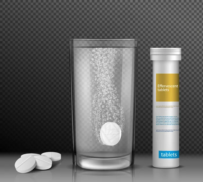 一杯水和一个装水的容器中的可溶性圆形药片的图示。