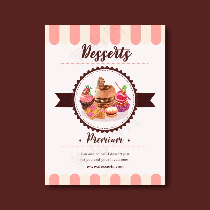甜点宣传单,DM传单设计与巧克力蛋糕，饼干，纸杯蛋糕，奶油蛋糕水彩画插图。