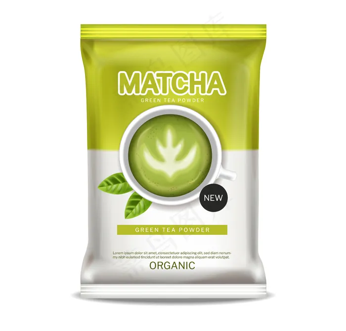 抹茶绿茶粉矢量逼真。产品展示模拟健康饮料标签设计