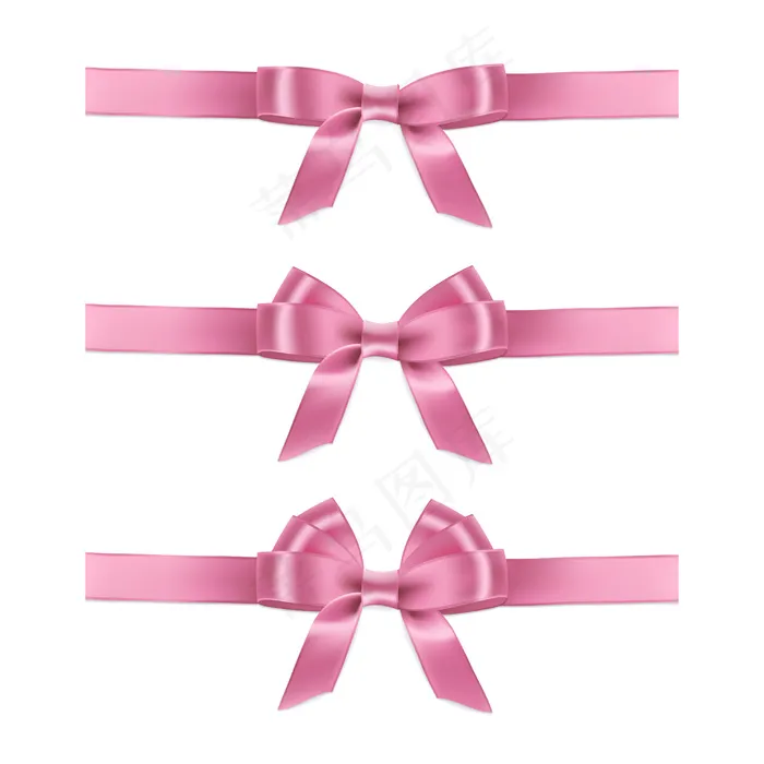 白色背景上有逼真的粉色丝带和蝴蝶结。