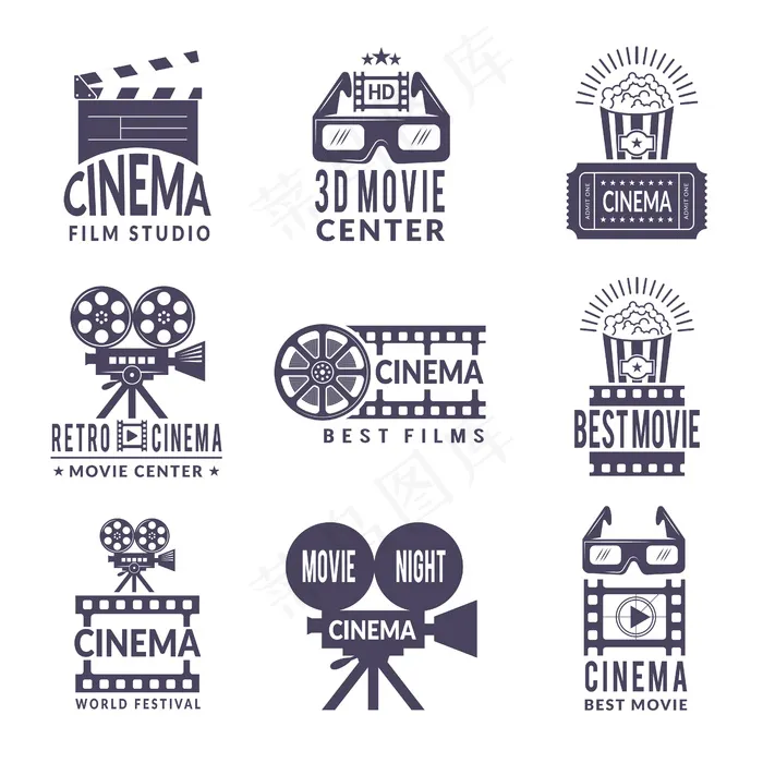 电影院标签设置。电影和视频制作行业的黑色图片徽章
