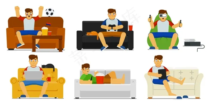 家庭休闲套装。孤独的人坐在沙发上放松，在电视上看足球比赛，玩视频和虚拟现实游戏，在笔记本电脑上上网，在家里玩平板电脑。室内休闲、生活方式