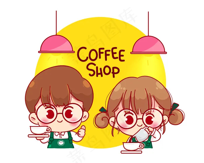 可爱情侣咖啡师围裙咖啡制作卡通人物插画