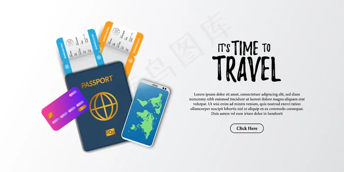 旅游度假文件插图。登机牌、机票、护照、电话和信用卡顶视图。假日旅游广告