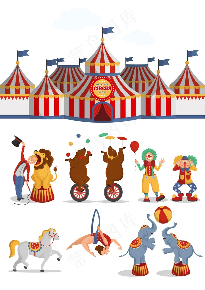 马戏团布景：帐篷、狮子、熊、空中杂技演员、小丑、马、大象。矢量卡通插图。