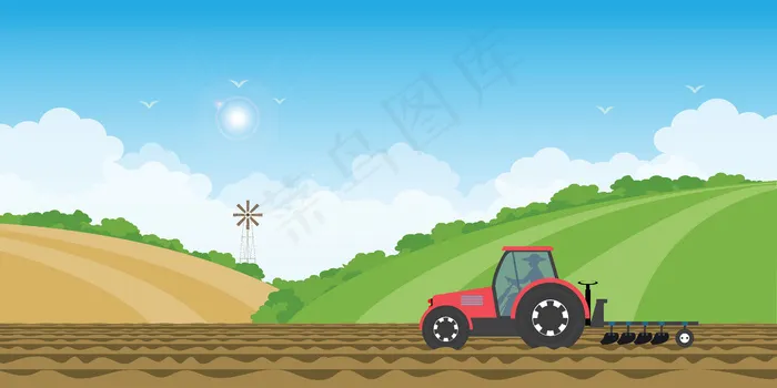 农民驾驶拖拉机在农耕地上行驶，背景是乡村农场景观山。