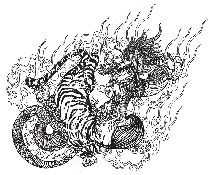 纹身艺术龙虎手绘素描黑白