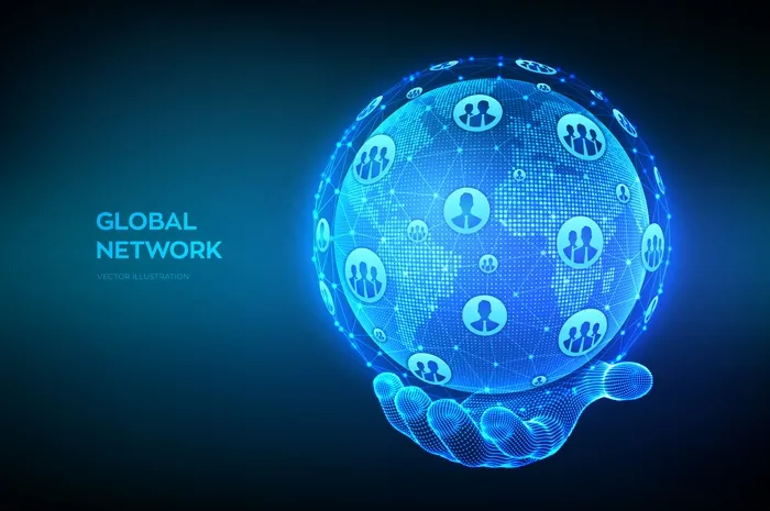 全球网络连接概念。世界地图点和线组成。线框手握地球仪。