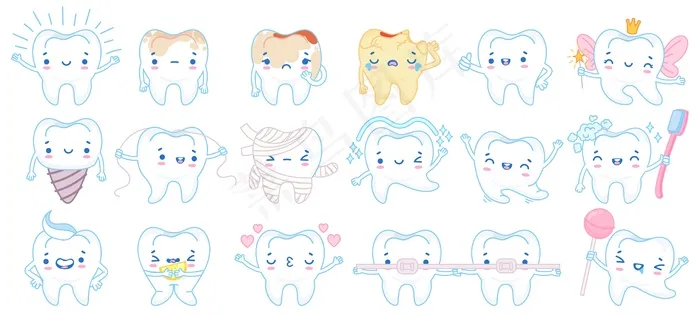 卡通牙齿吉祥物。快乐微笑牙齿治疗人物、牙膏和牙刷。牙科吉祥物插图套装。