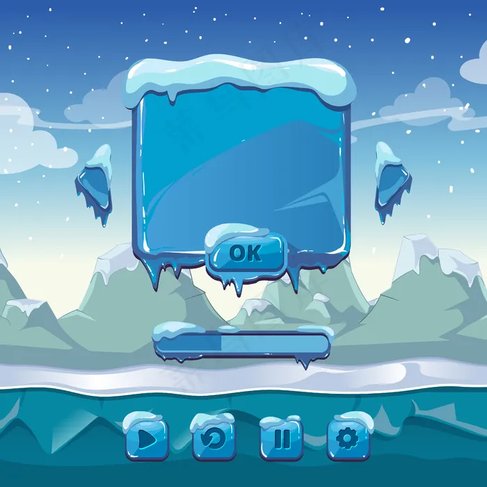 冬季游戏主菜单。界面卡通图形用户界面，冰和冷，应用程序app按钮，矢量插图