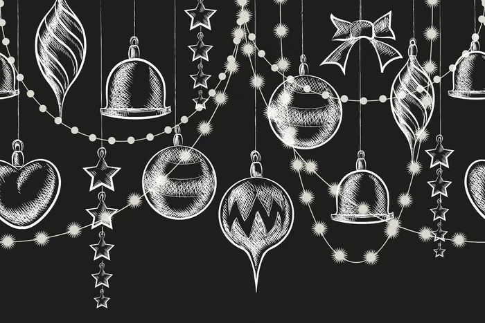 圣诞黑板装饰品。黑板上的球、花环和星星