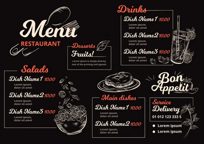 水平格式的数字餐厅菜单