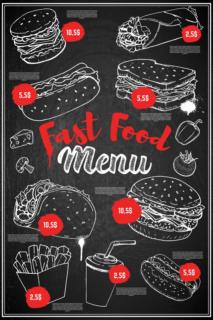 快餐菜单封面布局。菜单黑板上有汉堡包、热狗、玉米饼、苏打水的手绘插图。