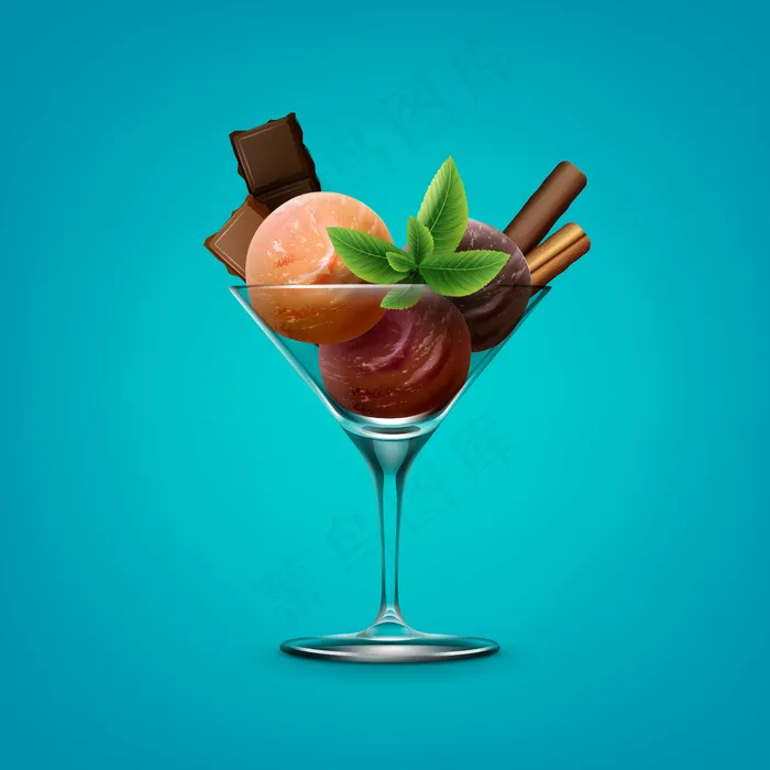 鸡尾酒杯中混合圣代冰淇淋和巧克力的插图