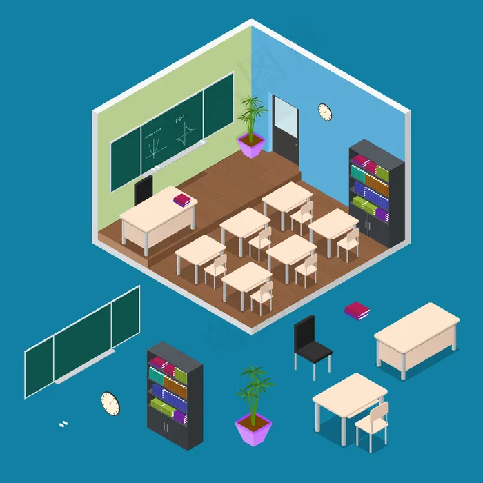 室内学校或大学教室，带元素家具等距视图。