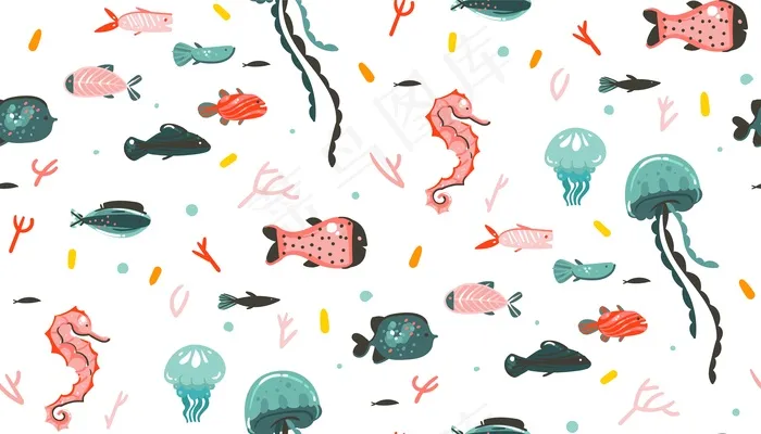 手绘抽象卡通图形夏季水下插图无缝模式与珊瑚礁，水母隔离在白色背景。
