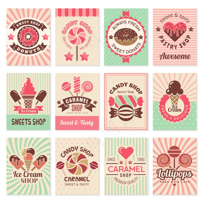 糖果店卡片。甜食甜点餐厅菜单宣传单,DM传单集合糖果符号
